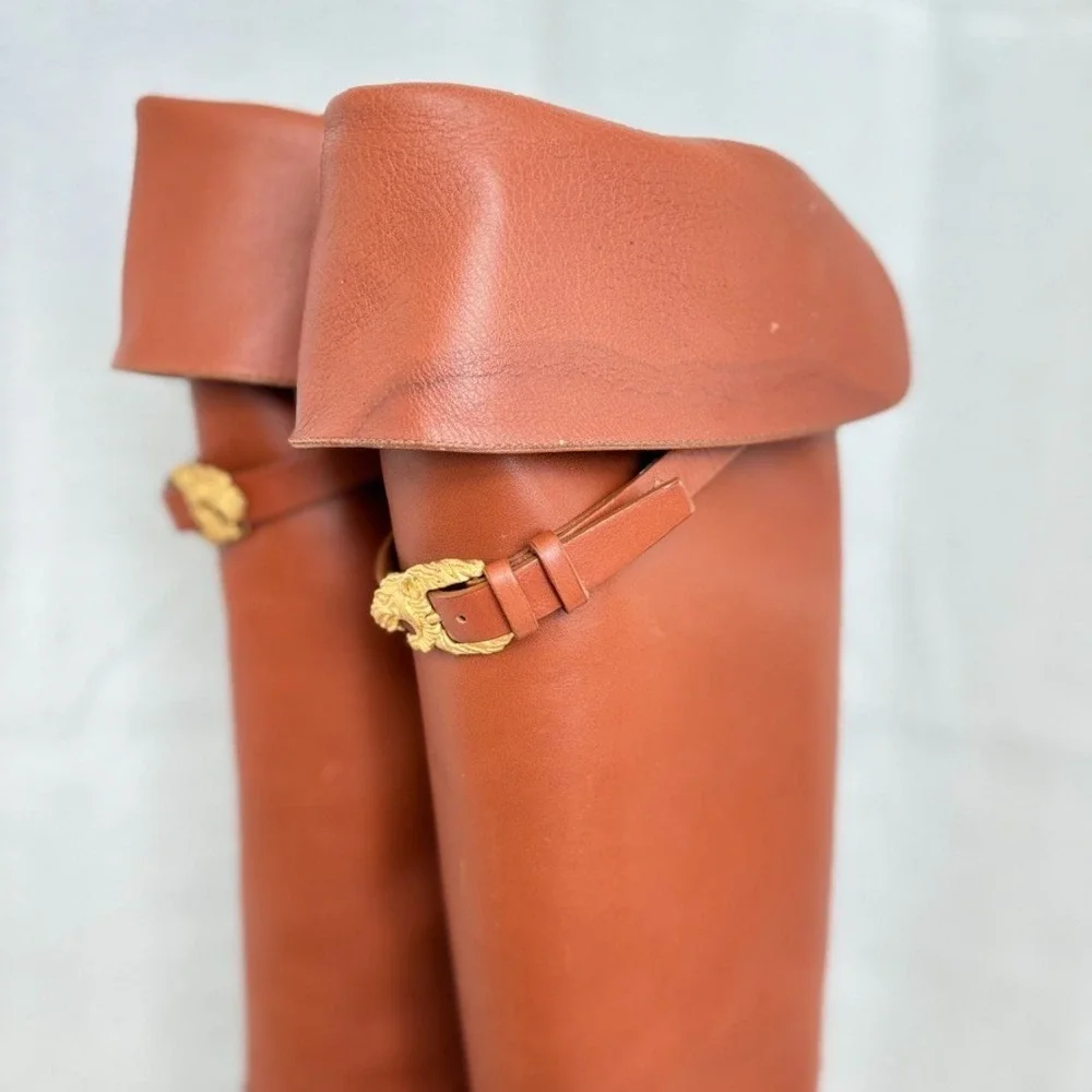 Valentino Garavani Brown‎ Calfskin over the knee boot lion buckle, EU 37(US7)